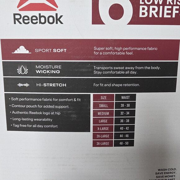 6 Pack of Reebok 2XL Tech Ultimate Comfort Performance Low Rise Briefs Underwear - Picture 2 of 3